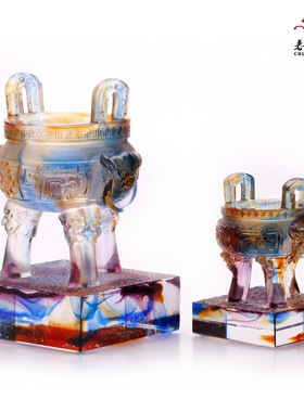 速发琉璃礼书房摆件招财中式家居开业鼎品足龙三双鼎乔迁礼物可