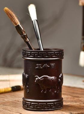 黑檀木雕五牛图笔筒摆件办公室桌面创意中式实木雕刻红木质工艺品