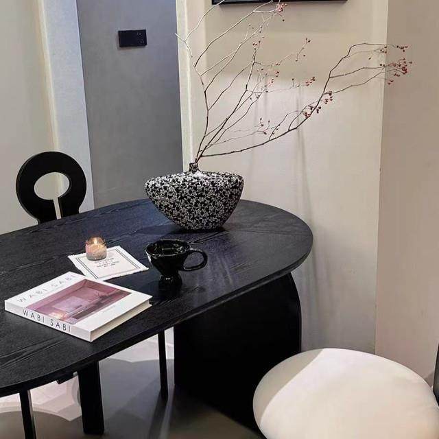 中古风椭圆形实木餐桌椅组合法式覆古吃饭桌黑色白蜡木家用长桌子 - 图2