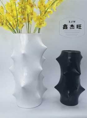 现代简约折线叶纹花瓶黑白树刺树脂大花器民宿酒店样板房极简摆件