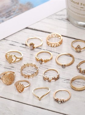 finger rings wome 15pcs set复古金币十字架花纹镶钻戒指15件套