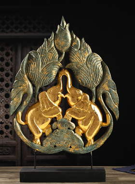 泰国木雕摆件 东南亚风手工艺品实木大象莲花客厅摆件家居装饰品