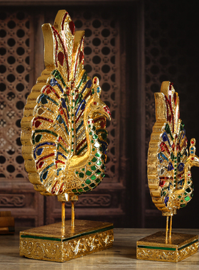 东南亚木雕摆件 泰国进口金箔孔雀客厅酒柜电视柜创意家居小饰品