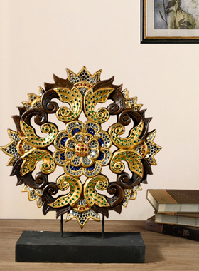 泰国木雕工艺品东南亚风格圆盘金箔桌面摆件客厅玄关电视柜装饰品