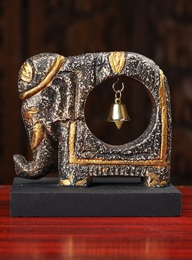 泰国进口工艺品东南亚实木手工雕刻铜铃大象创意家居装饰玄关摆件