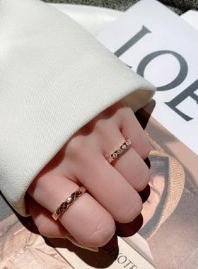 小香风菱格纹戒指女纯银镀