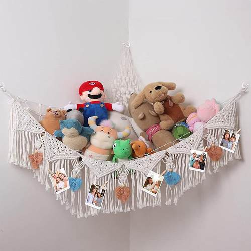 跨境三角玩具网兜手工棉绳编织儿童玩具收纳网兜彩色流苏墙角挂网 - 图1
