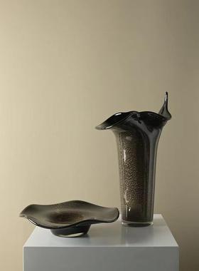 黑色玻璃花瓶果盘套装摆件意式轻奢高级黑金水培插花器样板间客厅