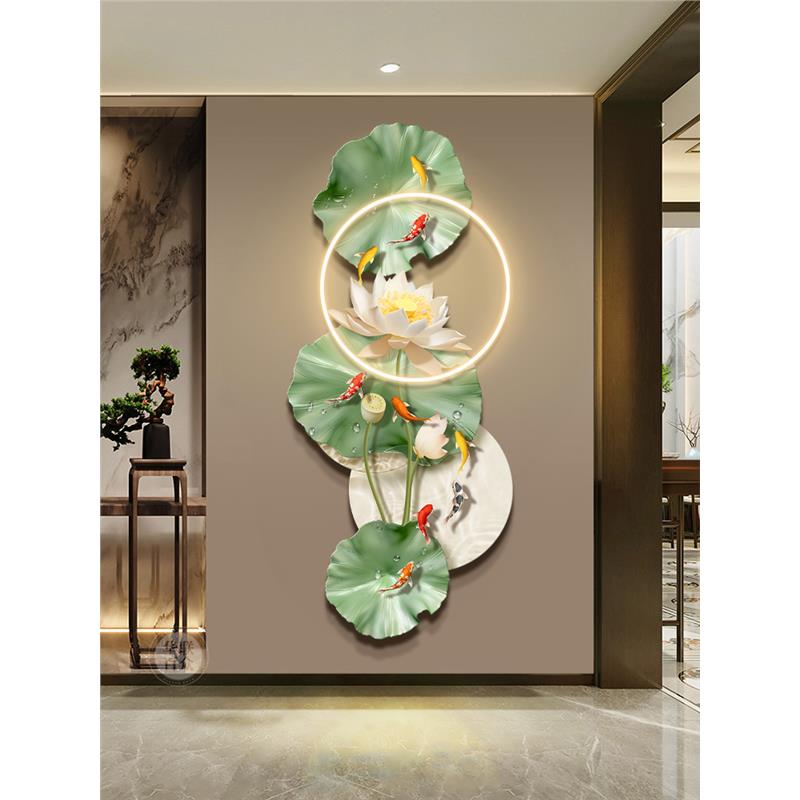 九鱼图入户玄关装饰画 画现代轻奢走廊过道挂画 画高级感立体荷花 - 图1