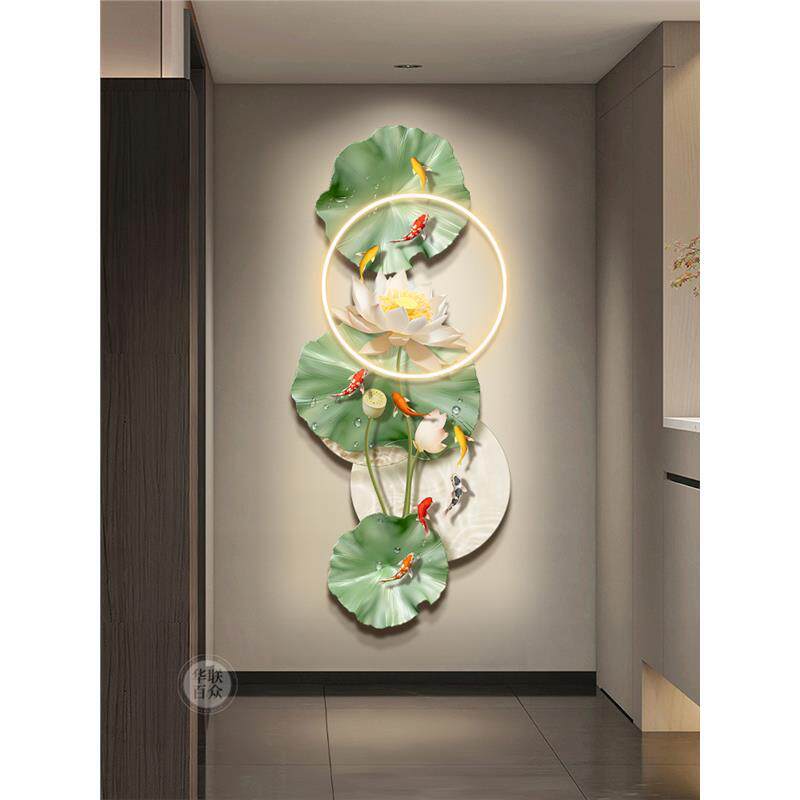 九鱼图入户玄关装饰画 画现代轻奢走廊过道挂画 画高级感立体荷花 - 图3