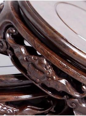 红木雕刻工艺品圆形镂空蝙蝠底座佛像盆景茶壶实木托架摆件