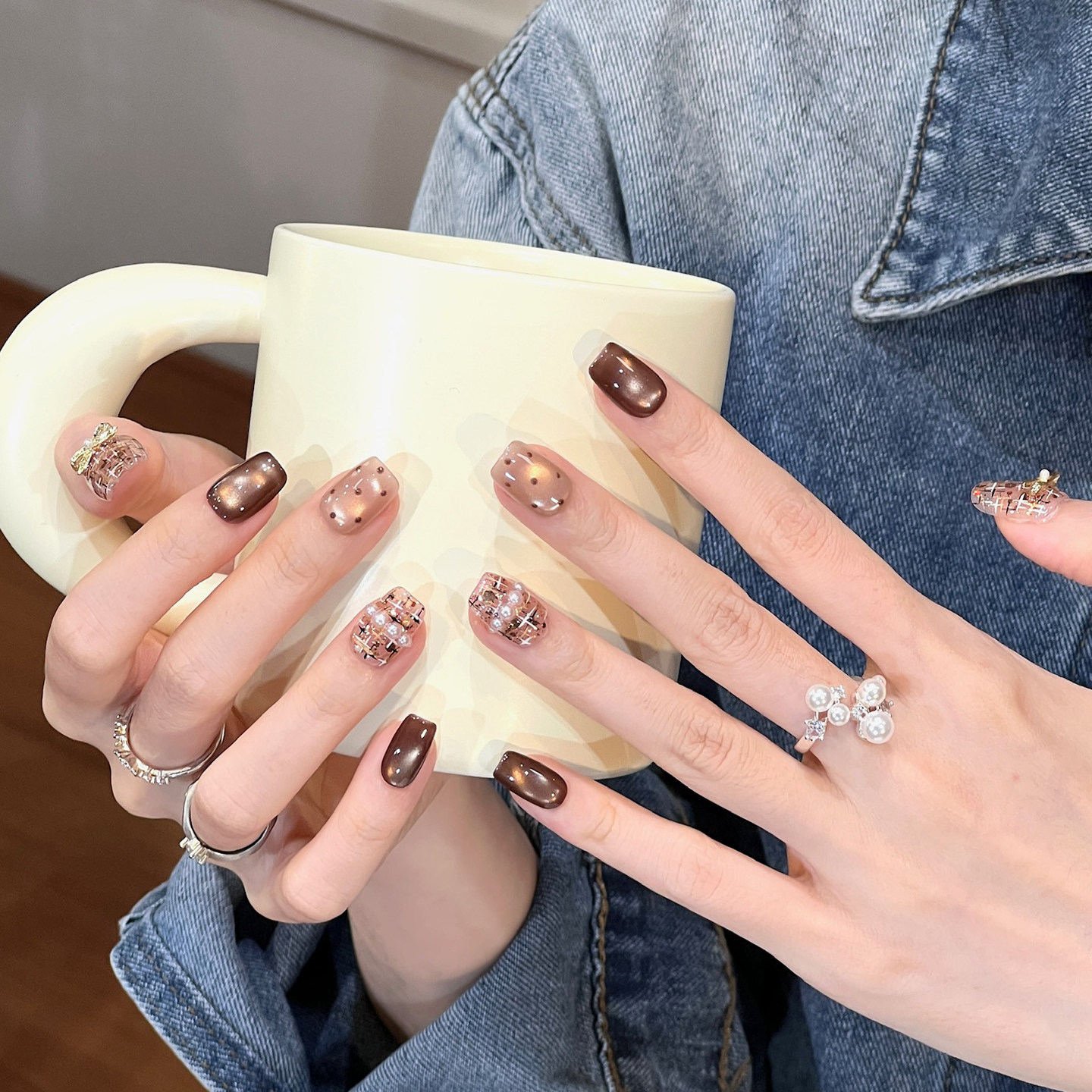 植兔小香风格纹美甲穿戴甲短款高级感美拉德猫眼显白美甲手工指甲,淘宝优惠券,粉丝福利购,淘宝优惠卷