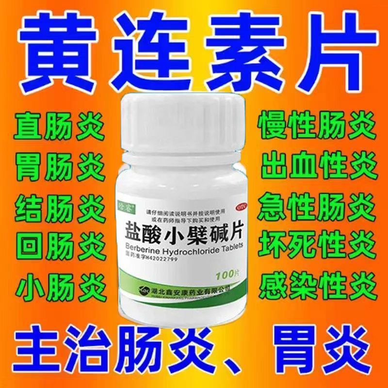 盐酸小檗碱片治腹胀痛腹泻拉肚子药肠道感染肠炎胃肠炎药黄连素片 - 图0