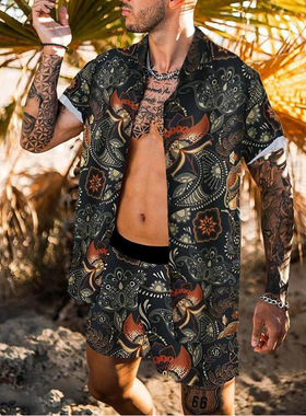 New rend Men Hawaiian Sets Summer Feather Printing Short Sle