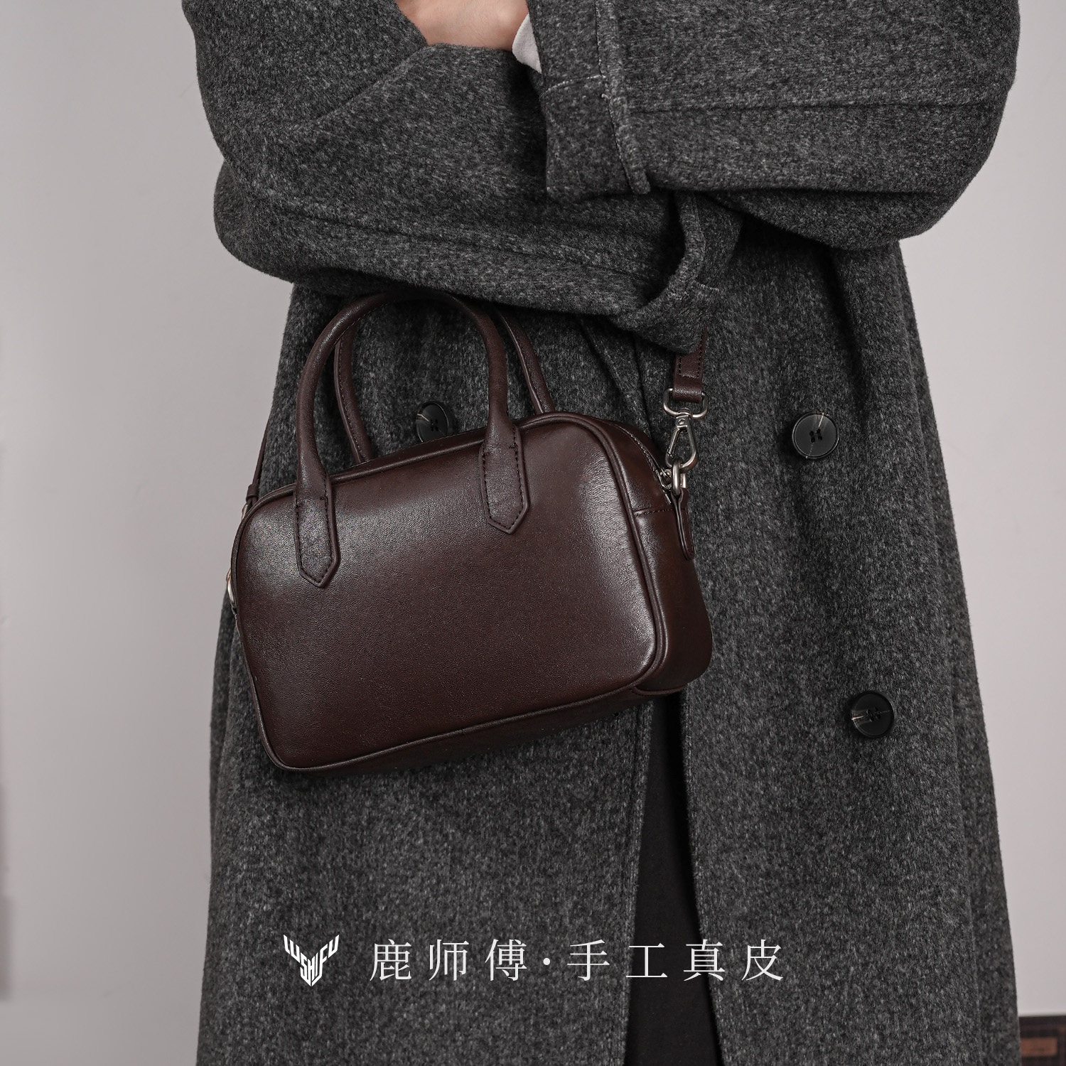 鹿师傅真皮复古波士顿保龄球包包植鞣牛皮通勤斜挎包手提小方包女,淘宝优惠券,粉丝福利购,淘宝优惠卷