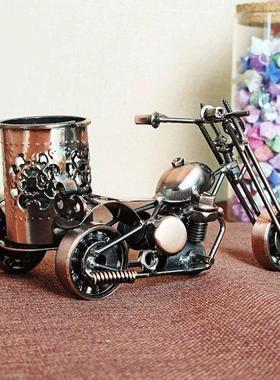 铁艺复古做旧三轮摩托车笔筒模型家居书房办公室装饰品摆件送孩子