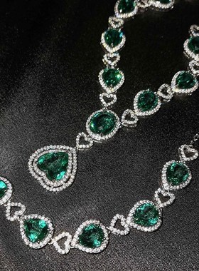 项链宝石祖母绿奢华满钻新款石红镶直播微海洋之心仿坦桑手链饰品