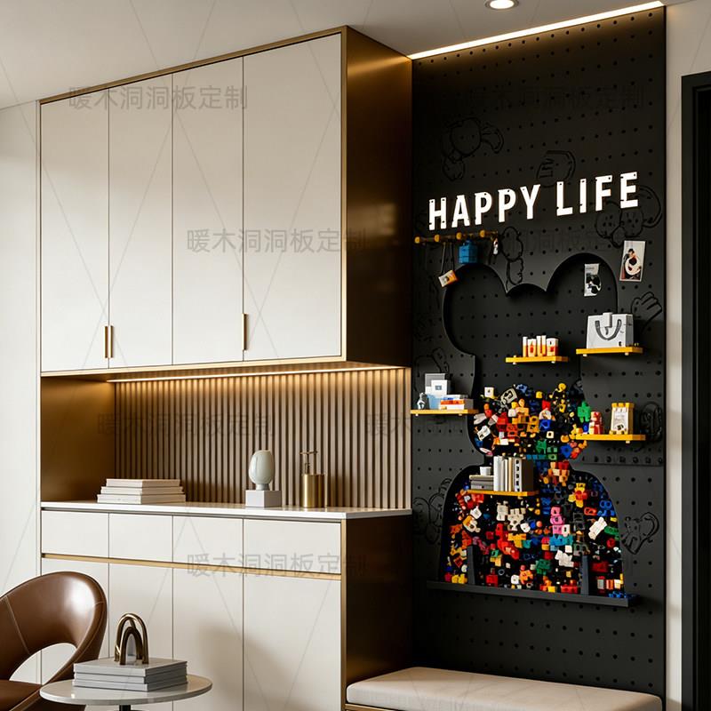 Solid wood hole board violent bear wall storage rack entrance block storage display rack living room decorative partition customization