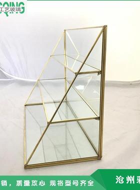 三角玻璃首饰展示架 耳环挂架 金色铜边化妆品收纳架 黄铜三角架