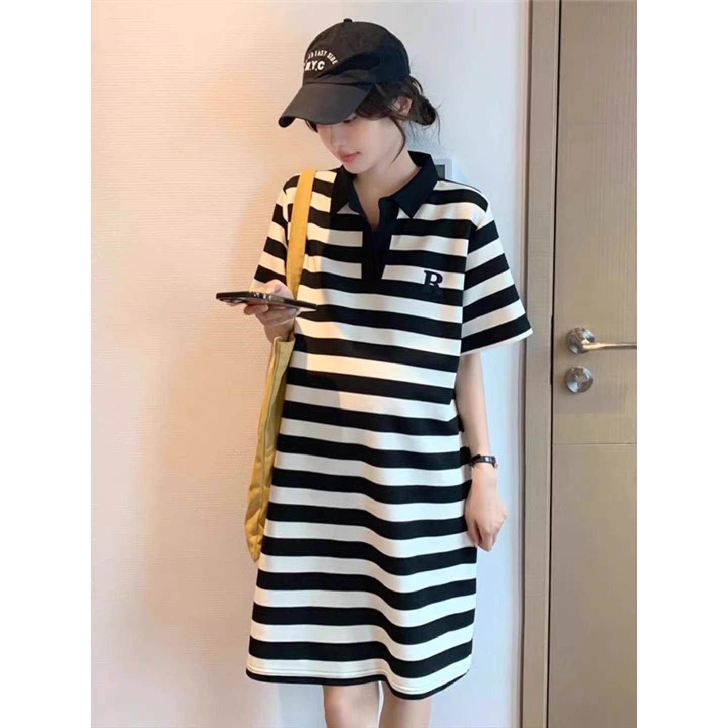 孕妇连衣裙夏季2025新款黑杏色条纹冰丝针织宽松薄款短袖中长款女 - 图0