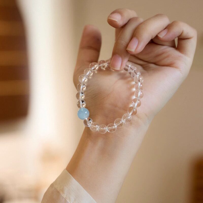 杭州灵隐官方海蓝宝白水晶手串天然情绪稳定转运珠招财本命年手链