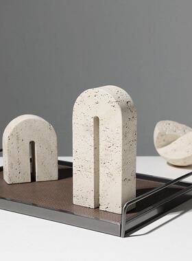 Wabi-Sabi风格创意几何彷石灰华书柜装饰客厅电视柜书房桌面高端