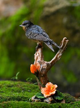 彷真翠鸟摆件盆景微景观小鸟燕子假山流水鱼池造景树脂装饰摆设