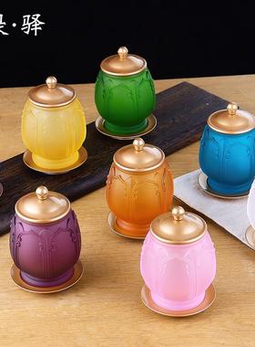 古法琉璃莲花供杯观音供水杯黄铜琉璃佛前大悲水供佛杯圣水杯家用