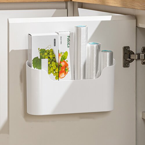 厨房柜门内侧收纳盒壁挂式免打孔收纳神器橱柜门冰箱保鲜膜置物架 - 图0