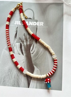 金靖同款红白色蘑菇吊坠项链百搭多巴胺颈链可爱锁骨链配饰高级感