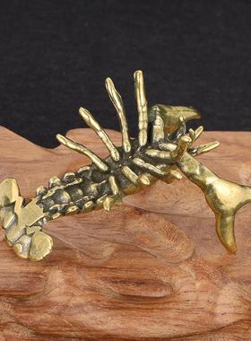 实心黄铜小龙虾摆件复古黄铜笔架笔托书房办公桌装饰品工艺品收藏