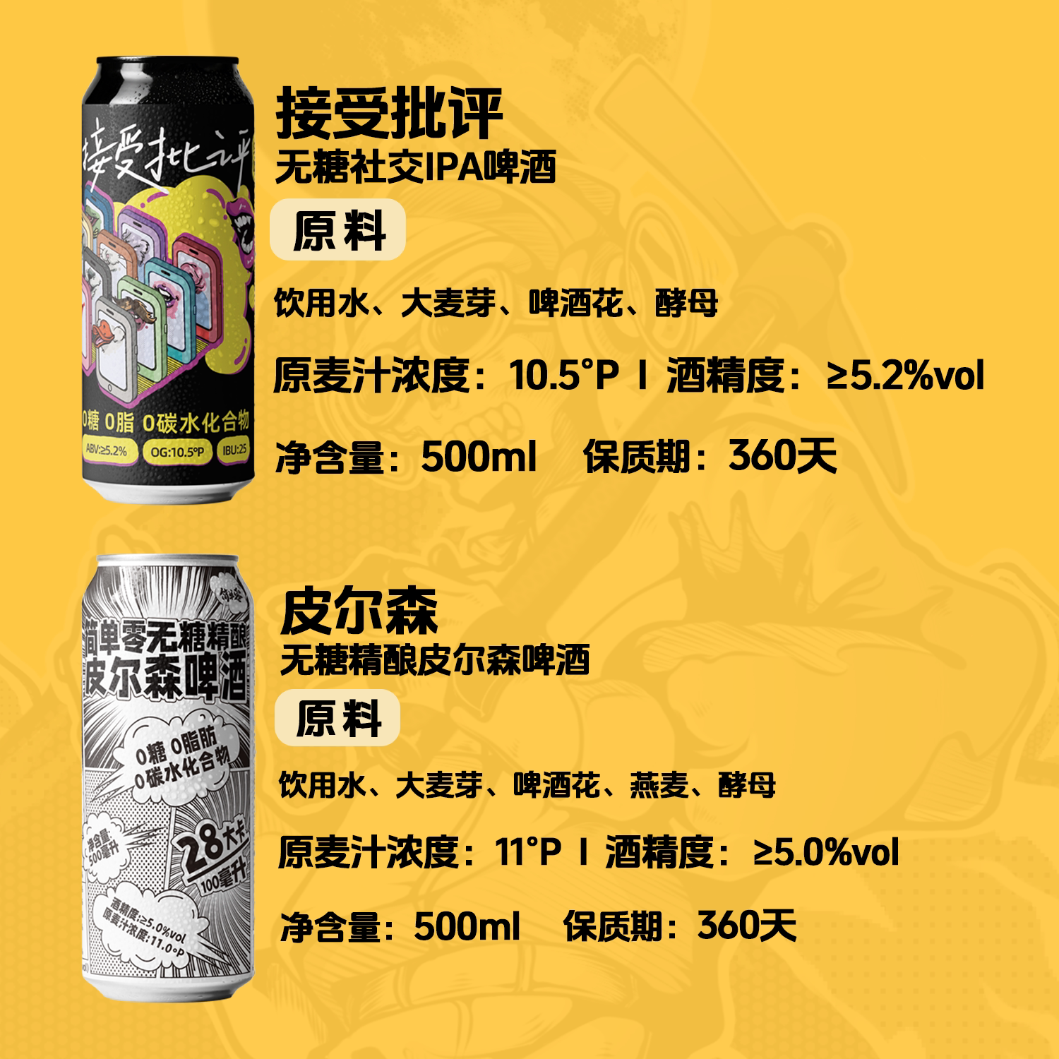 【6种口味组合 京东上门】0糖0脂0碳水无糖精酿啤酒组合装