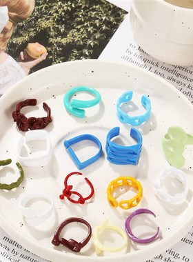 好货colour rings women合金喷彩戒指时尚彩色马卡龙食指戒糖果色
