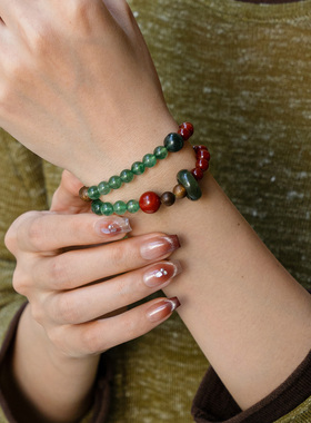 【财运双倍】南红绿草莓沉香双圈手串范李李本命开年圣诞好运礼物