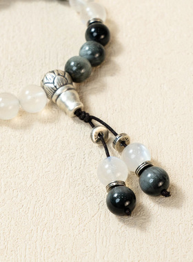 【护身纳福】鹰眼石莲花手串范李李白月光黑陨石银饰水晶手链