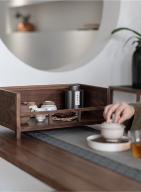 新中式黑胡桃木茶仓桌面储物筐实木禅意茶器茶具摆件收纳盒