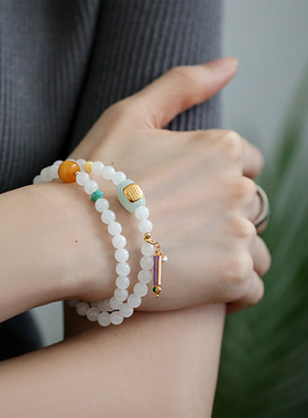 S925银五条经文贴片翡翠蜜蜡白玉弹力绳手串 S08693