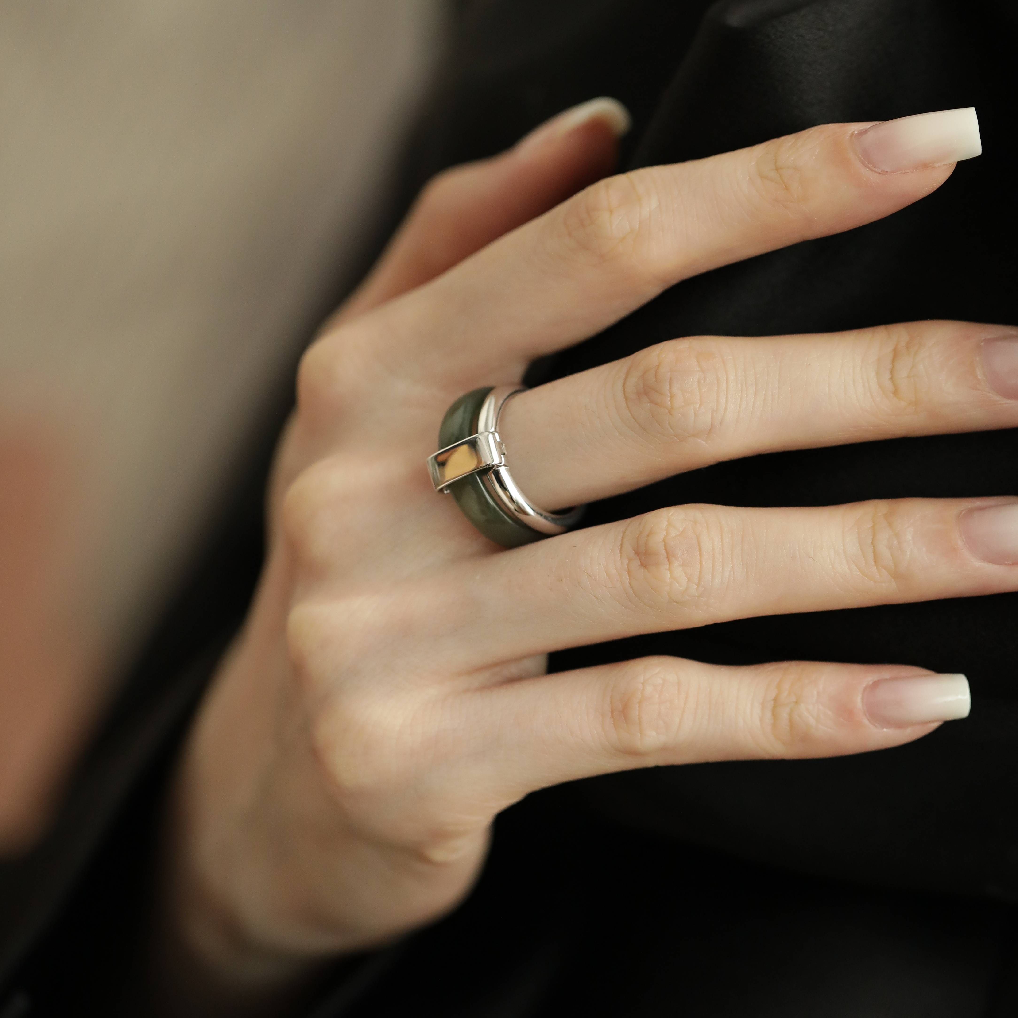 Hotan jade ring silver ring double layer detachable and stackable S925 silver ring closed fashion versatile J13851
