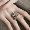 Pure Silver Nanhong Five Blessings Bat Chinese Knot Ingot Swallowing Rice Beast Ring Retro Baidu National Style J14009