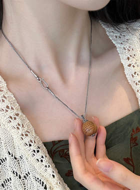 S925银五条经文老山檀圆珠吊坠仅吊坠侧坠配饰新中式 M7832