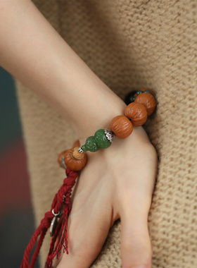 S925银猴头核桃和田碧玉葫芦绣花鞋弹力手串新中式 S08903