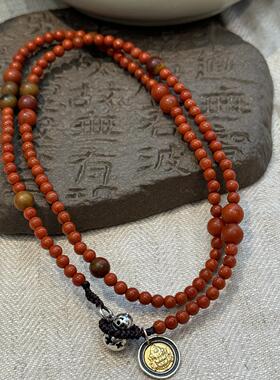 S925银南红玛瑙包浆南红镂空葫芦黄财神项链 N17589