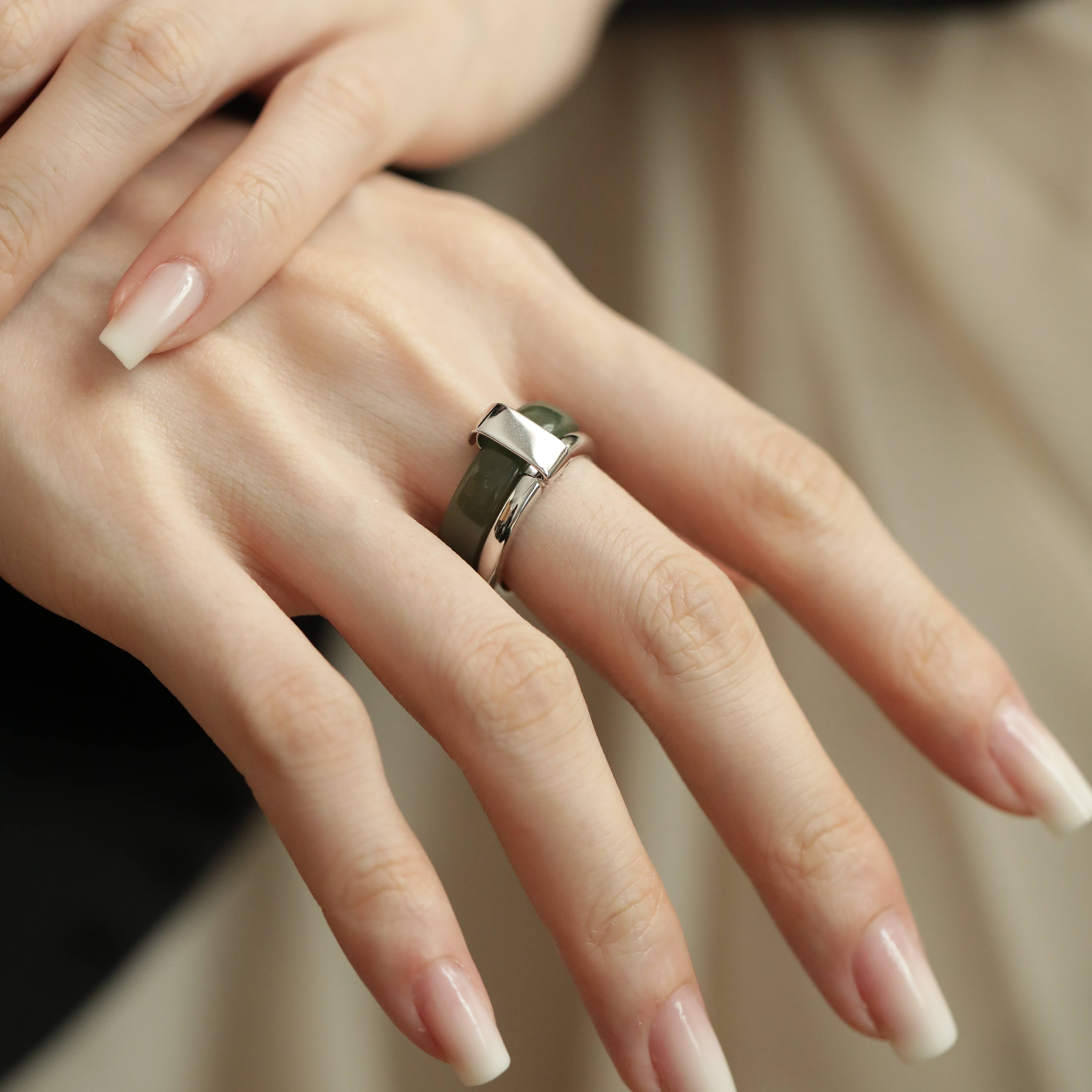Hotan jade ring silver ring double layer detachable and stackable S925 silver ring closed fashion versatile J13851