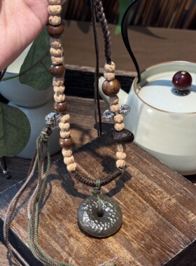 S925银糖料和田玉平安扣金丝楠圆珠绳抽拉项链小众设计 N17049