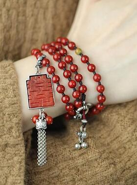 925银红双喜玉石龙项链