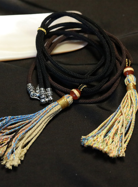 S925银彩绳流苏玛瑙圆珠莲花扣头黑色万能链小众延长链 N15110