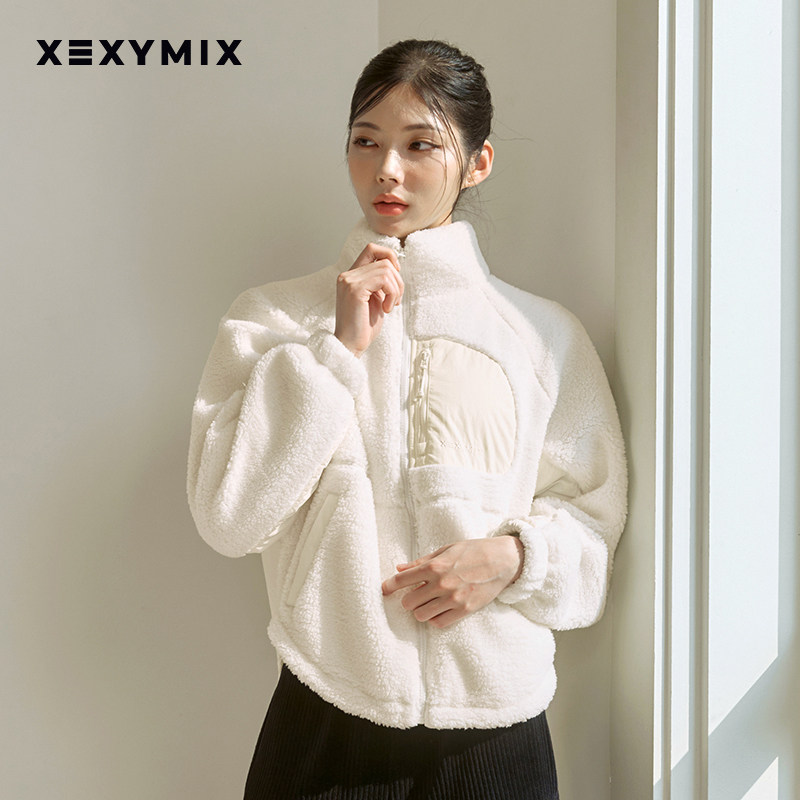 xexymix杰克茜女短款拼接口袋仿羊羔绒外套秋冬保暖韩版XTFJK05J3,淘宝优惠券,粉丝福利购,淘宝优惠卷