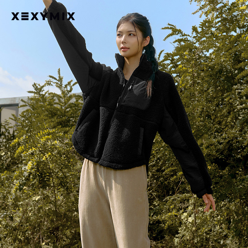 xexymix杰克茜女短款拼接口袋仿羊羔绒外套秋冬保暖韩版XTFJK05J3,淘宝优惠券,粉丝福利购,淘宝优惠卷