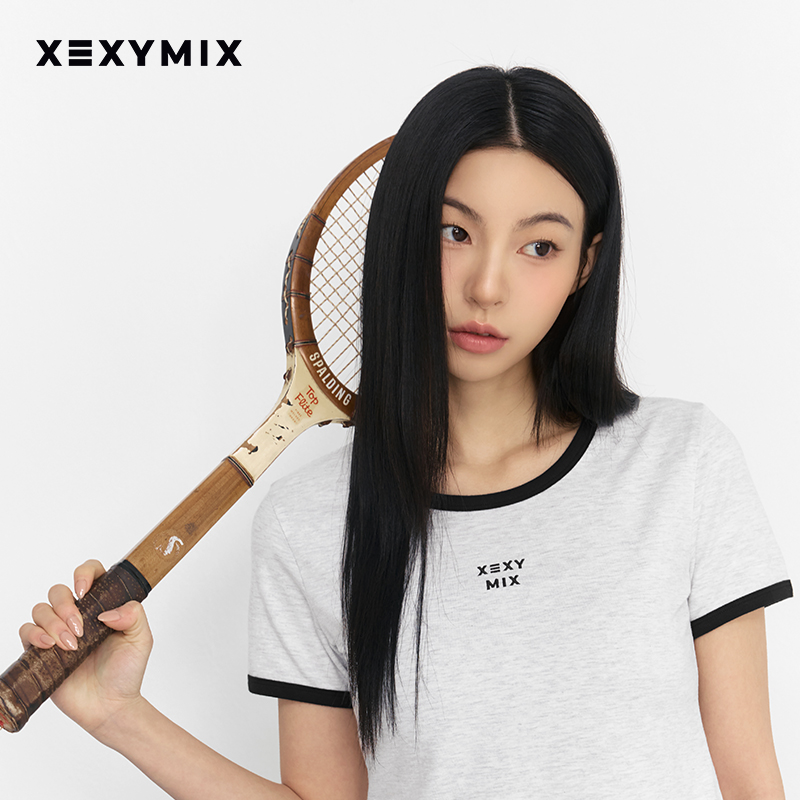 xexymix杰克茜 女撞色边前胸logo刺绣短袖T恤网球休闲 XFK2TS1105 - 图2