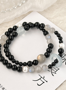 【雾岛听雨】一味良方原创时尚黑玛瑙灰月光石手串小众男女生手链